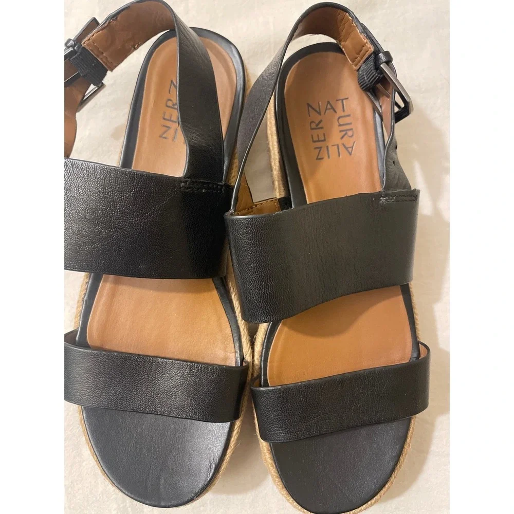 Naturalizer Patience Black Leather Espadrille Platform Wedge Sandals Womens 6.5M